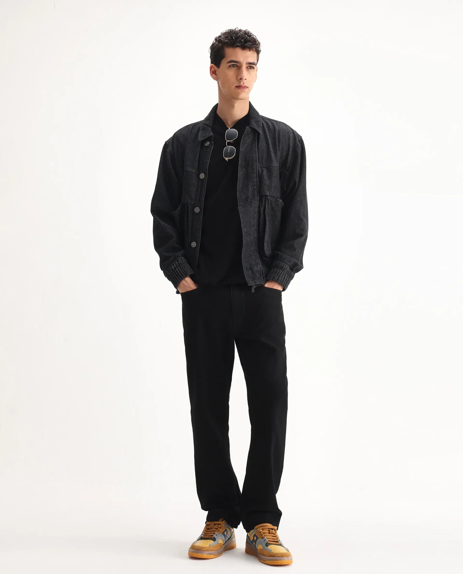 Rare Rabbit Men's Rosic Black Cotton Plain Morris Regular Fit Jeans