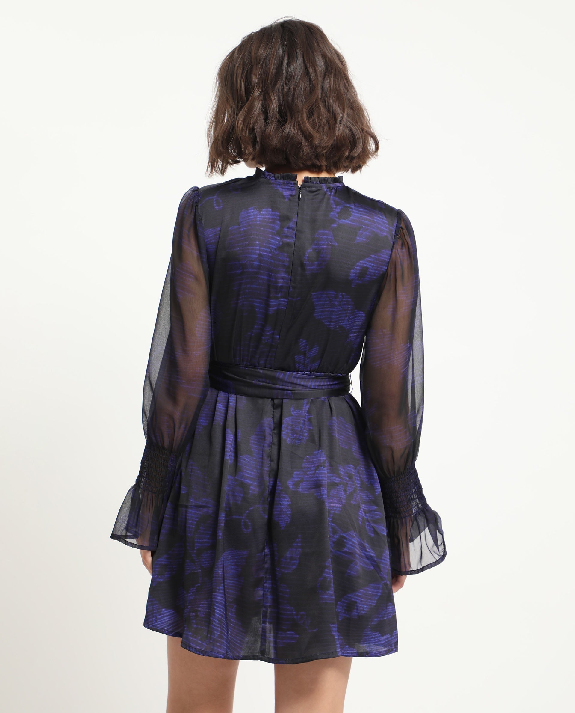 Rareism Women's Rossel Dark Navy Polyester High Neck Abstract Print Balloon Sleeve Mini Regular Fit Dress
