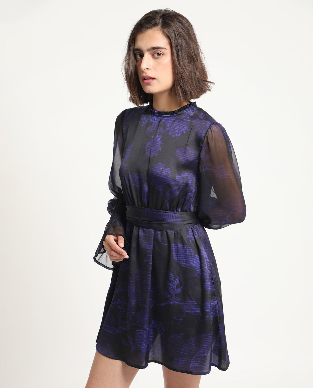 Rareism Women's Rossel Dark Navy Polyester High Neck Abstract Print Balloon Sleeve Mini Regular Fit Dress