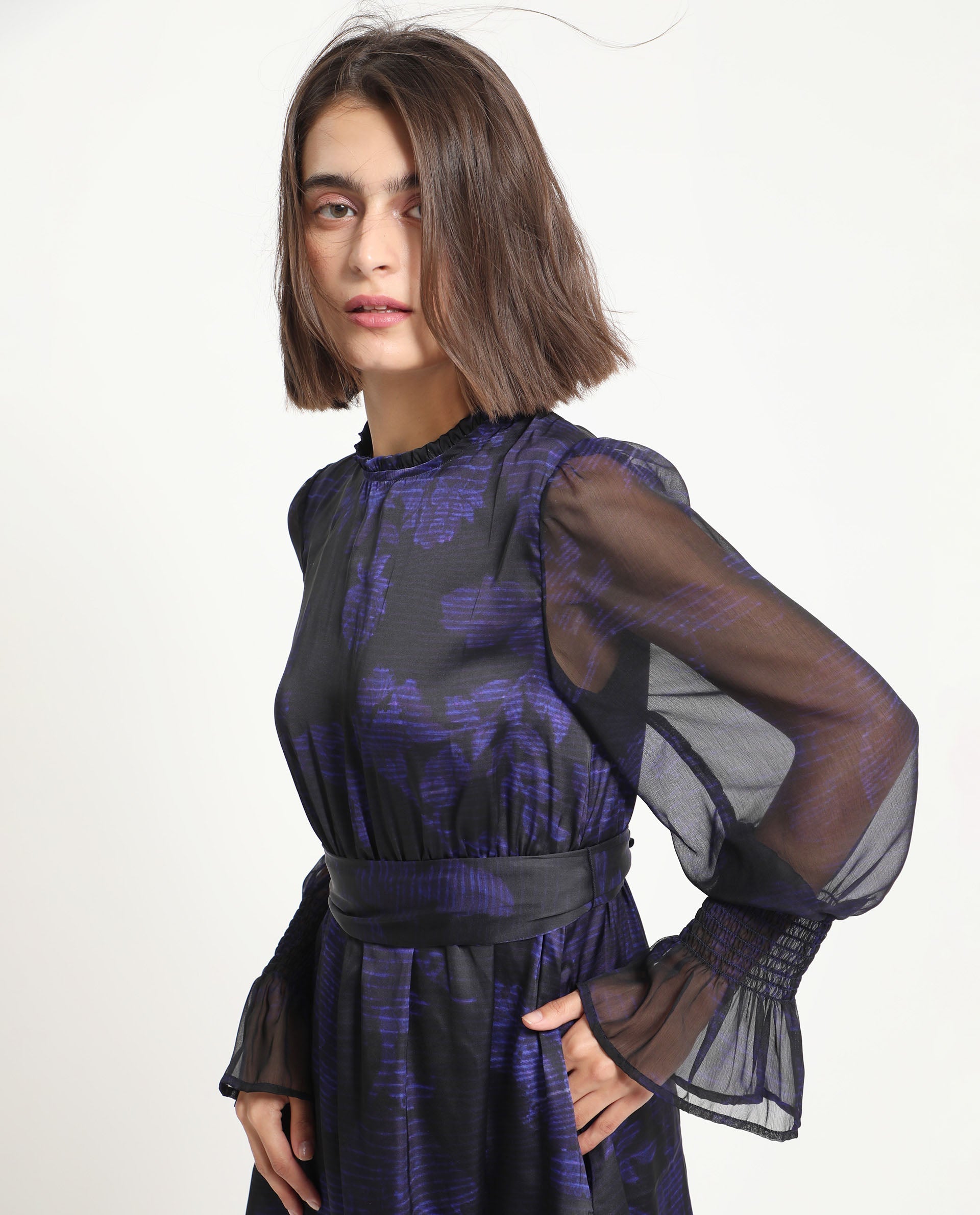 Rareism Women's Rossel Dark Navy Polyester High Neck Abstract Print Balloon Sleeve Mini Regular Fit Dress