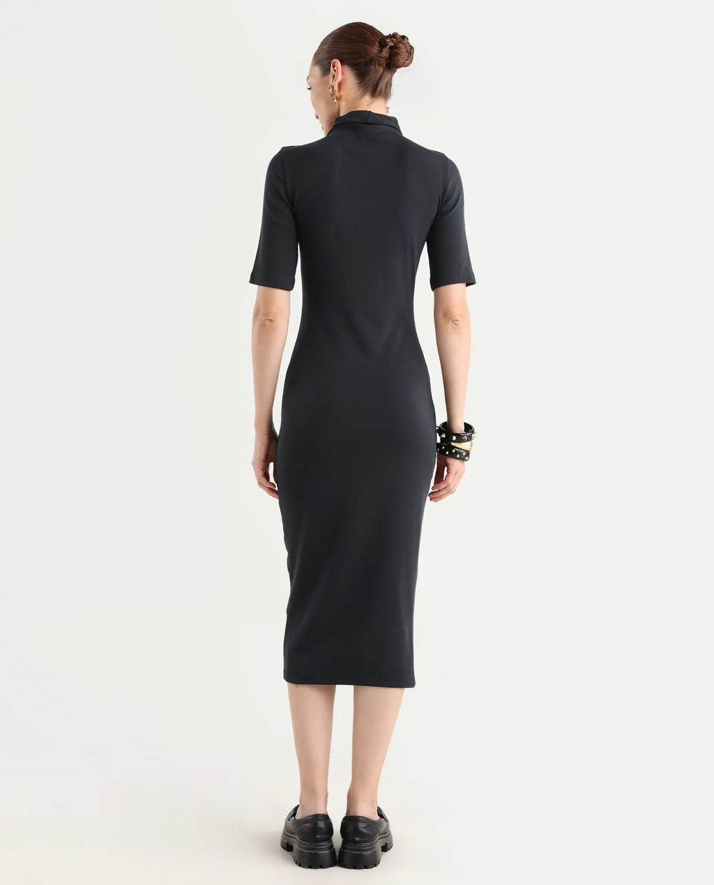 Rareism Women's Rotary Black Cotton Blend High Neck Plain Maxi Slim Fit Dress