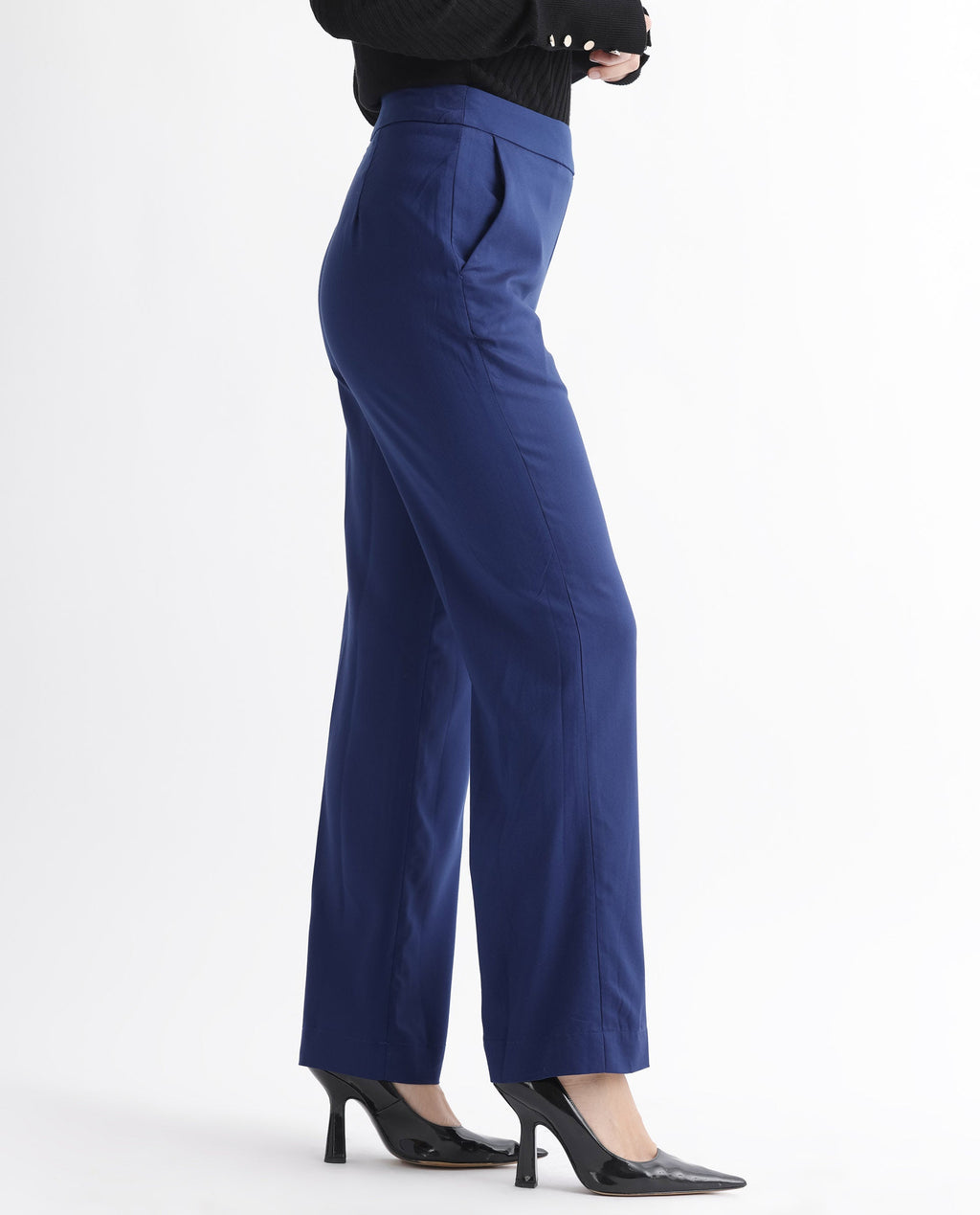 Rareism Women's Rotel Navy Polyester Plain Ankle Length Relaxed Fit Trouser