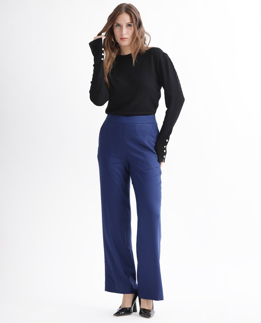 Rareism Women's Rotel Navy Polyester Plain Ankle Length Relaxed Fit Trouser