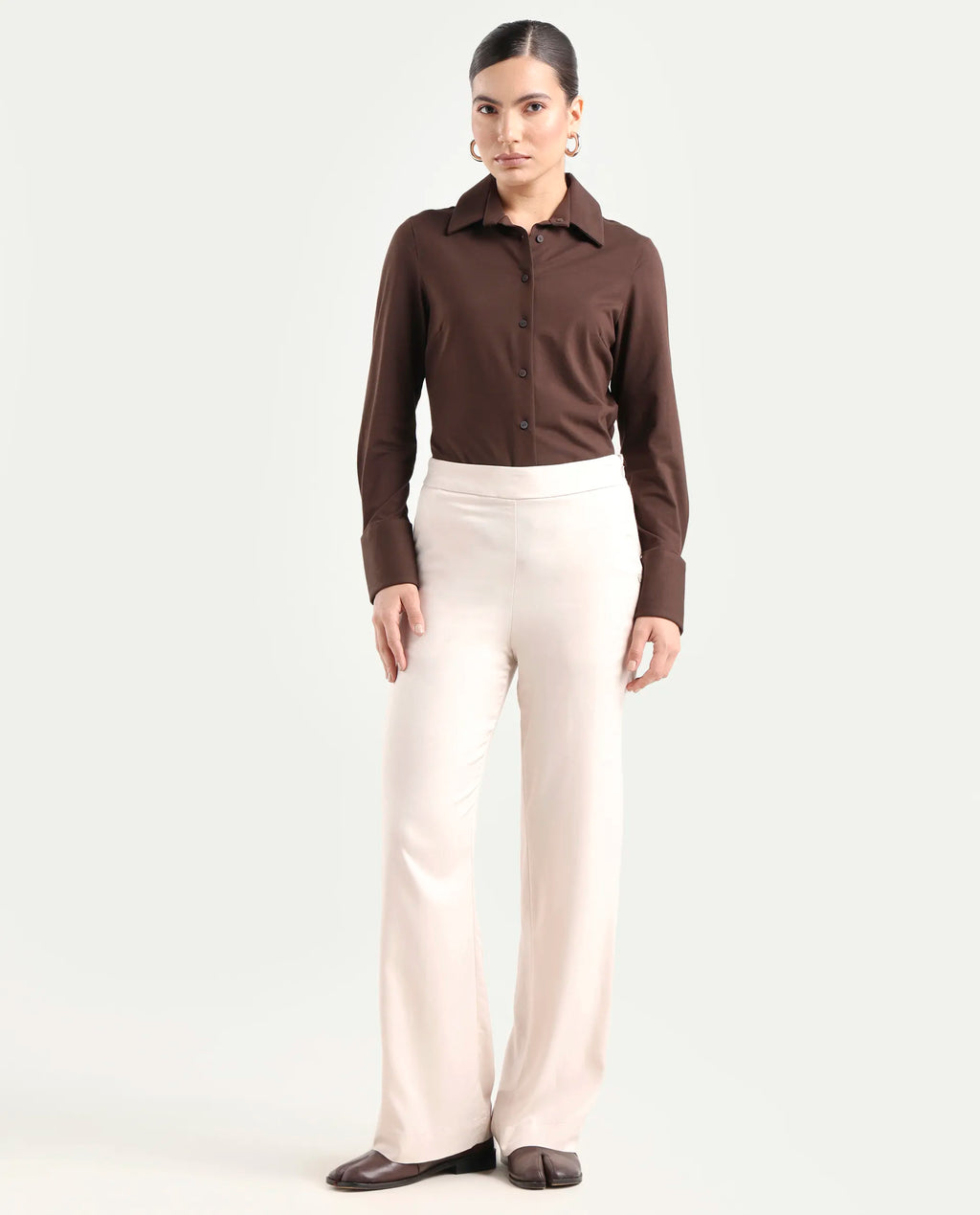 Rareism Women's Rotel Light Beige Polyester Plain Ankle Length Relaxed Fit Trouser