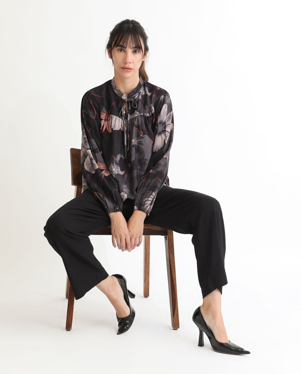 Rareism Women's Rothal Black Polyester Blend Tie-Up Neck Floral Print Balloon Sleeve Relaxed Fit Top