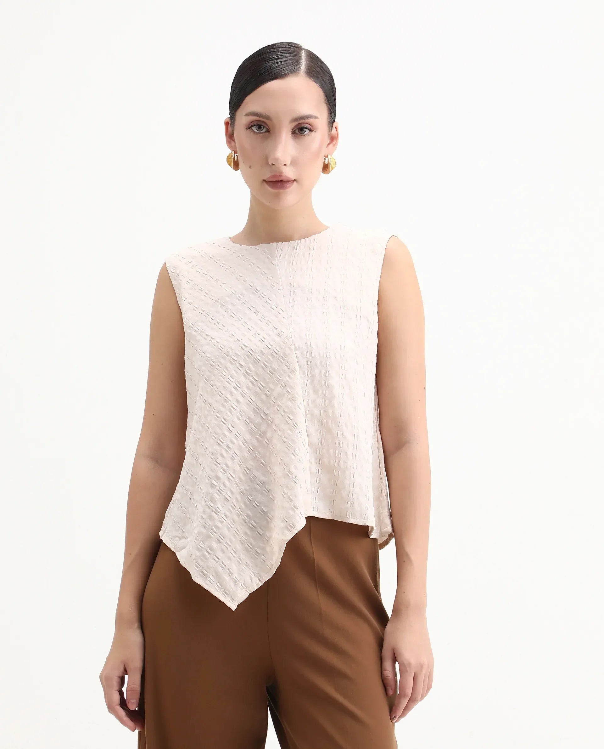 Rareism Women's Roulo Beige Polyester Blend Crew Neck Plain Sleeveless Regular Fit Top