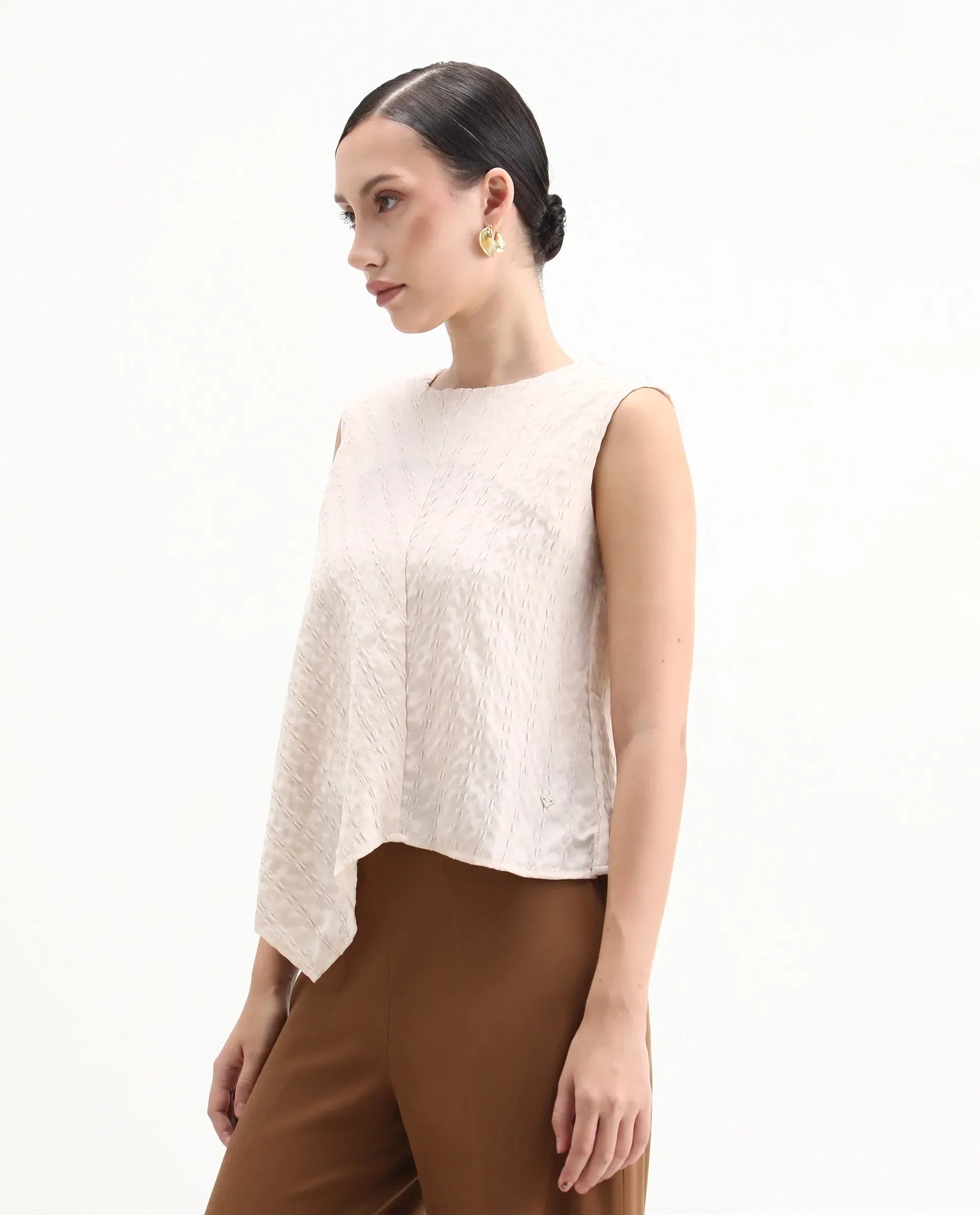 Rareism Women's Roulo Beige Polyester Blend Crew Neck Plain Sleeveless Regular Fit Top
