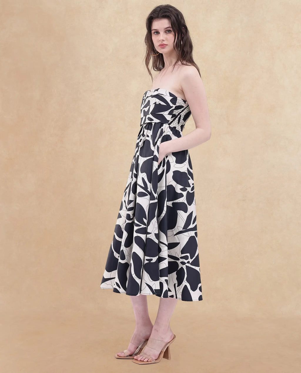 Rareism Women's Rowera Black Cotton Shoulder Strap Abstract Print Sleeveless Midi Fit And Flare Dress