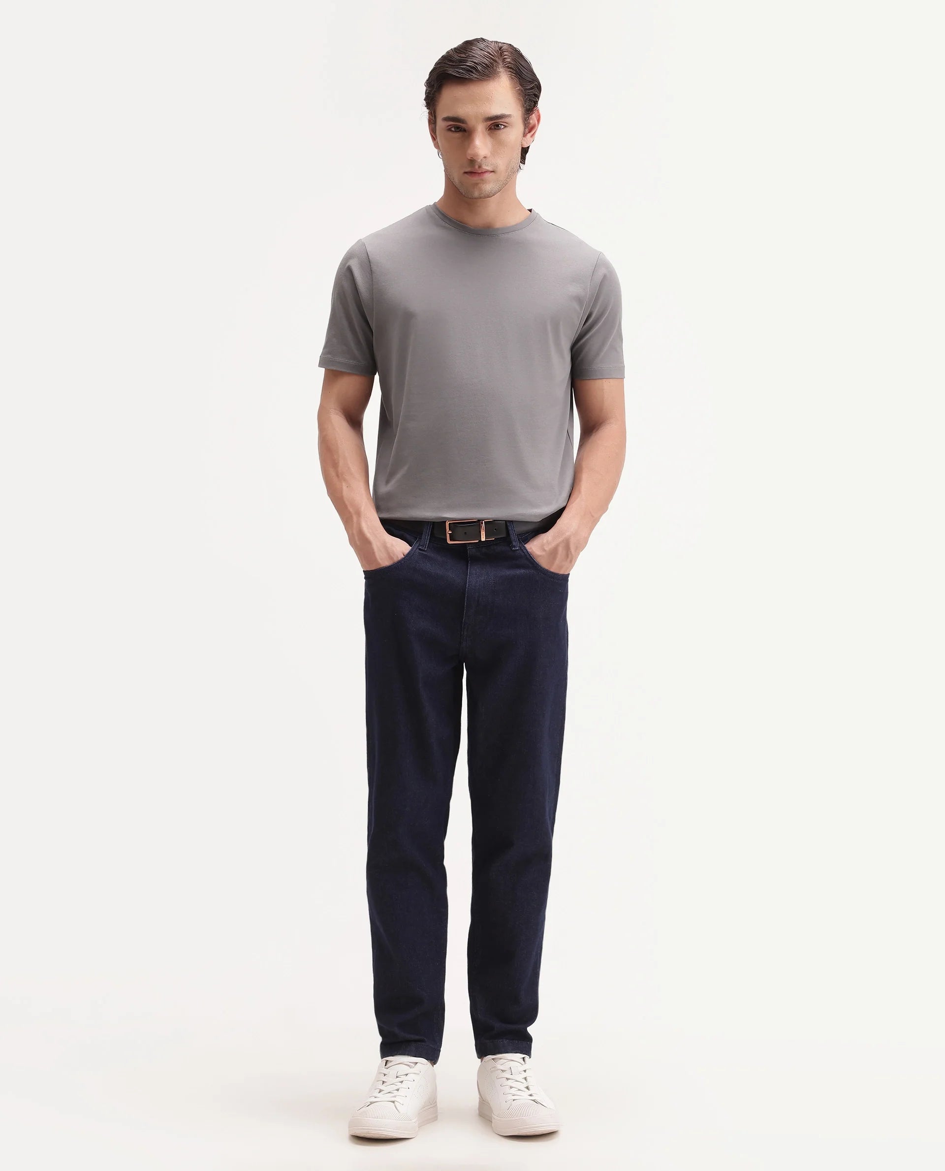 Rare Rabbit Men's Basic Rr-Corp-Arve Grey Cotton Crew Neck Regular Plain T-Shirt