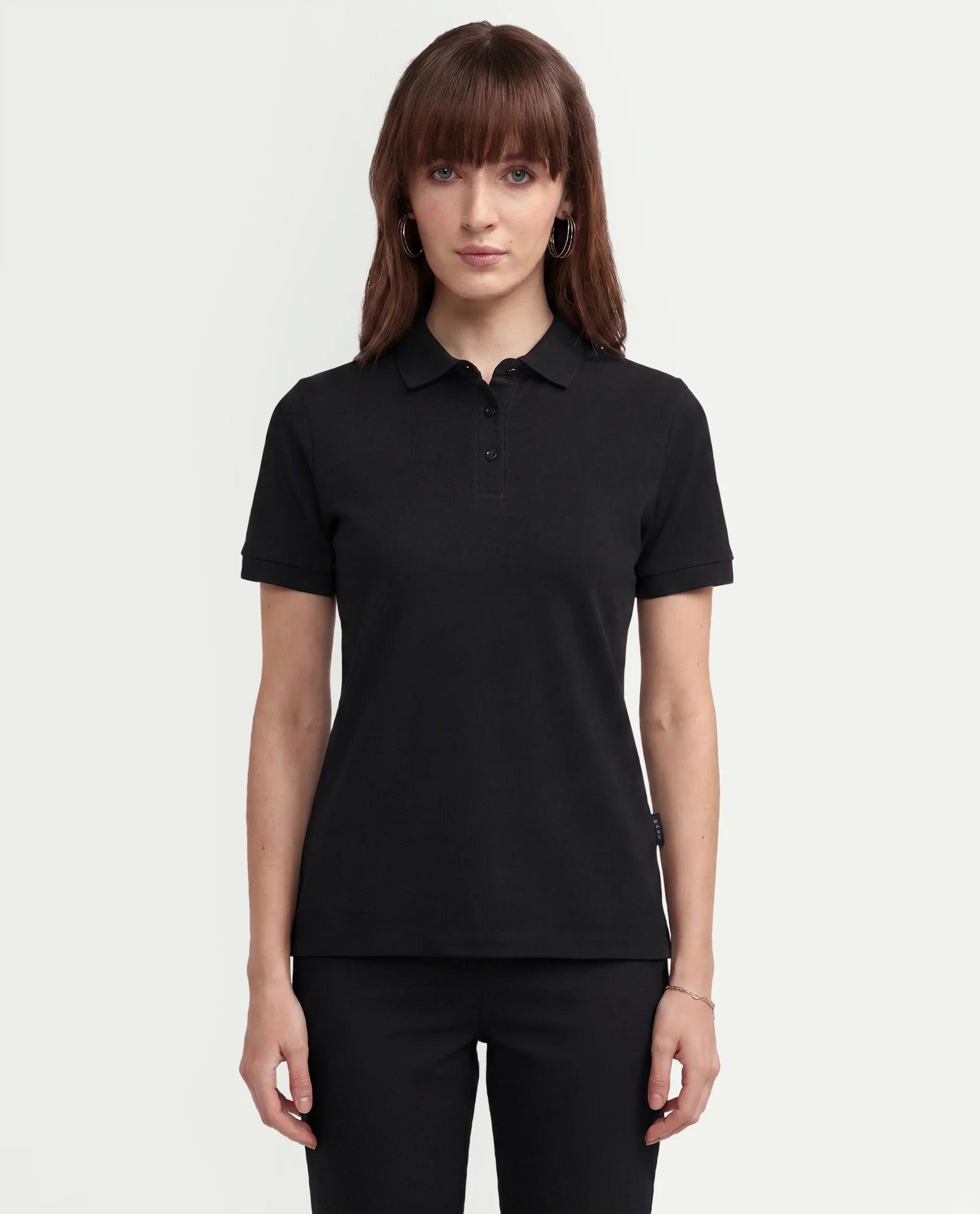 Rareism Women's Basic Rr-Corp-Elane Black Cotton CollaredRegular Plain Polo