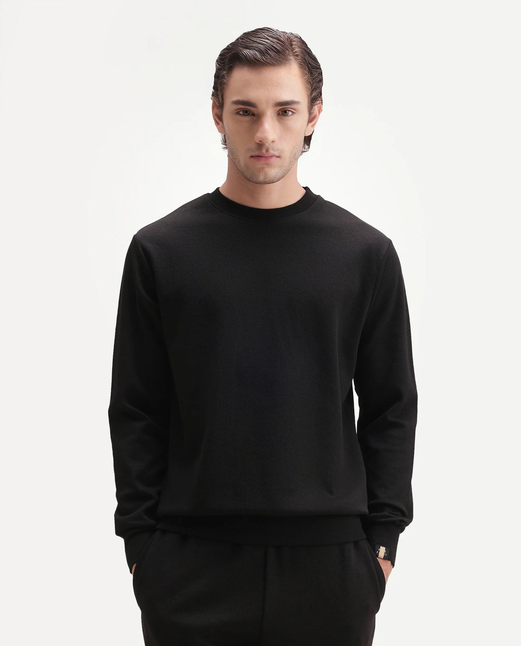 Rare Rabbit Men's Basic Rr-Corp-Harry-S Black Cotton Blend Crew Neck Regular Plain Sweatshirt