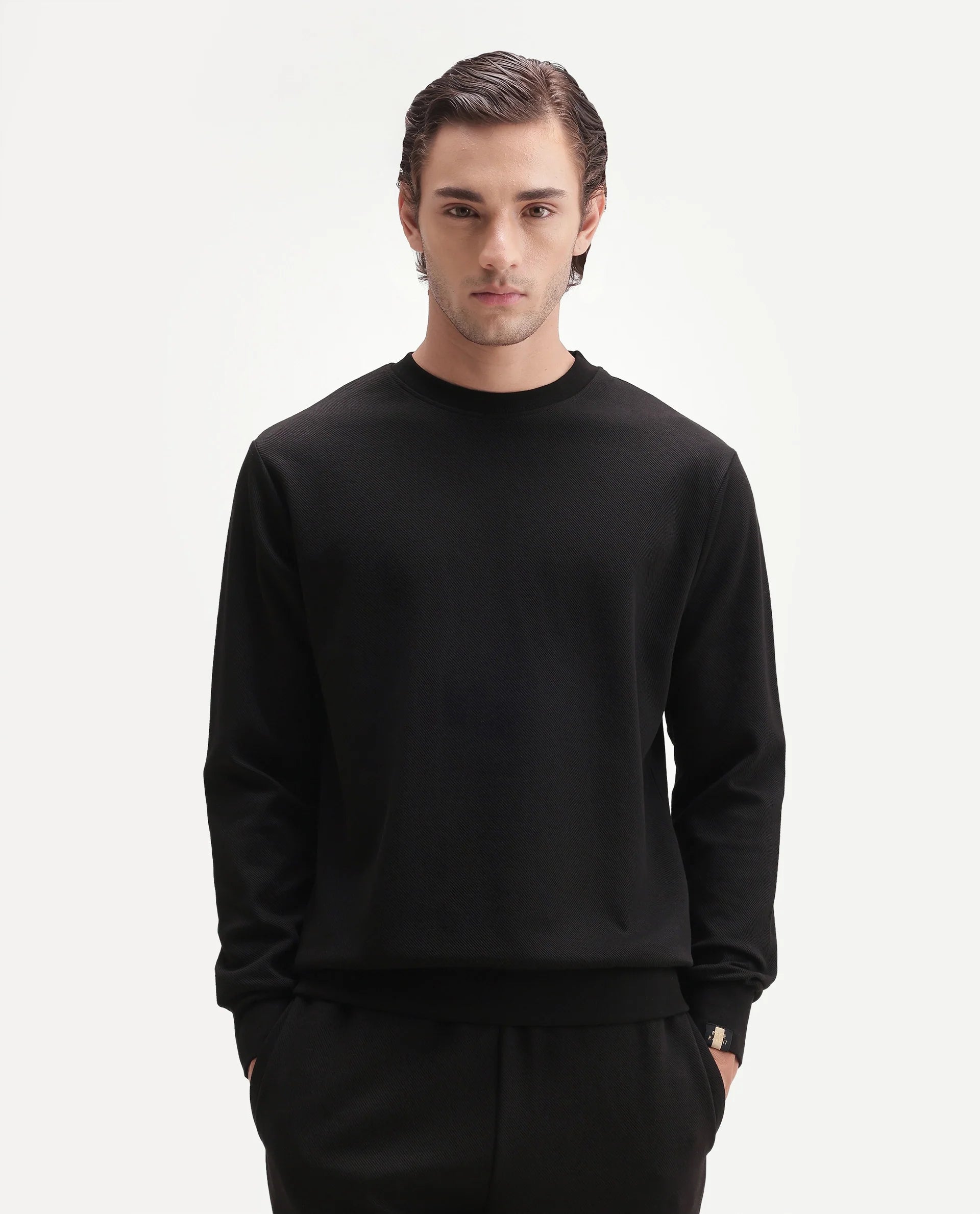 Rare Rabbit Men's Basic Rr-Corp-Harry-S Black Cotton Blend Crew Neck Regular Plain Sweatshirt
