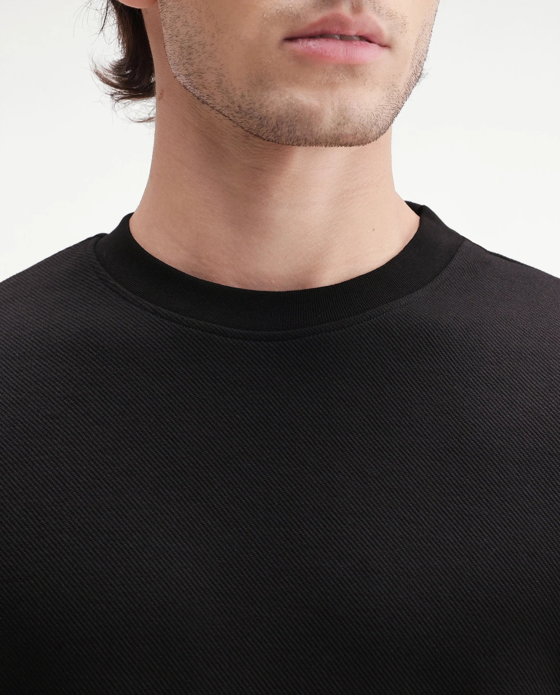 Rare Rabbit Men's Basic Rr-Corp-Harry-S Black Cotton Blend Crew Neck Regular Plain Sweatshirt