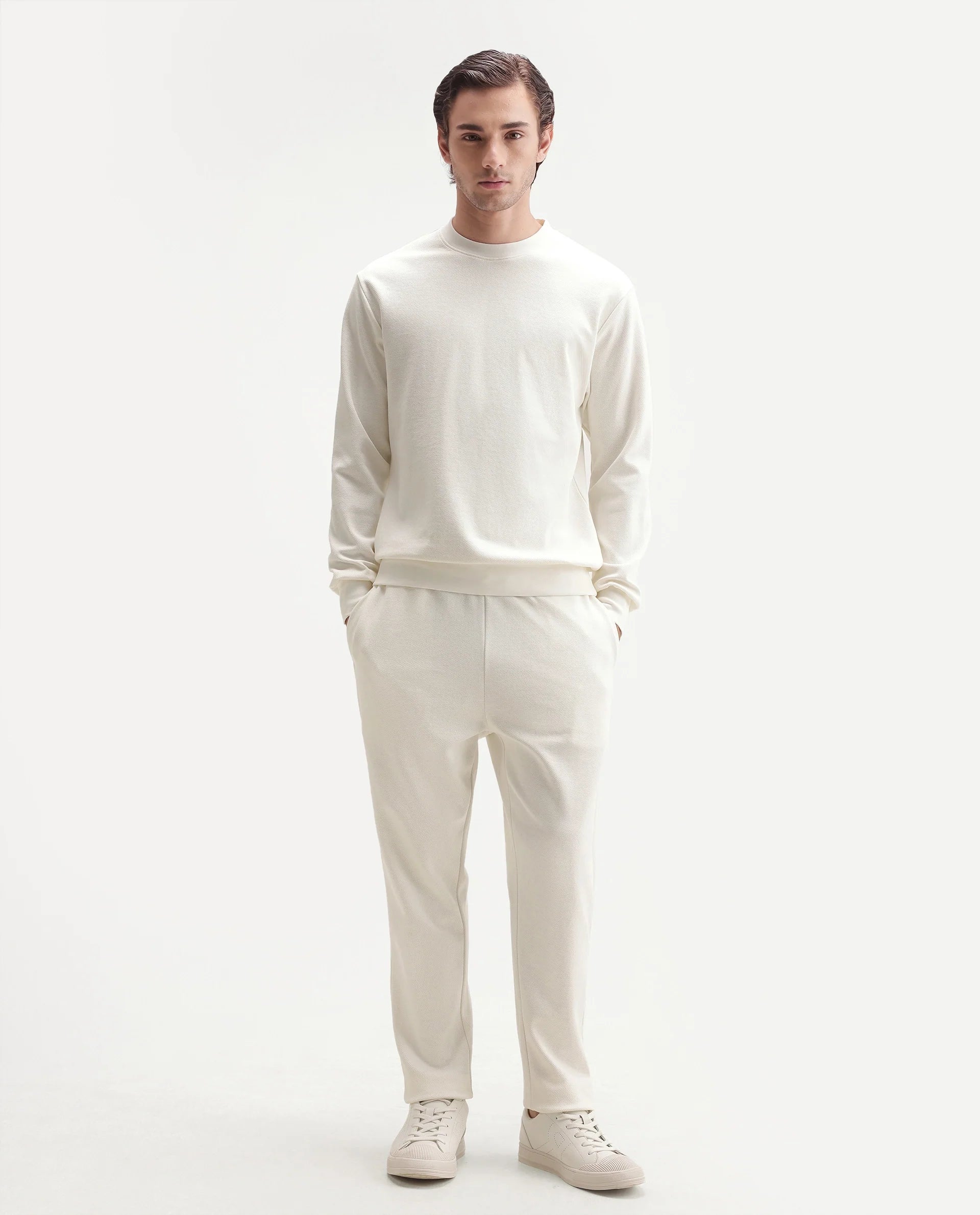 Rare Rabbit Men's Basic Rr-Corp-Harry-S Off White Cotton Blend Crew Neck Regular Plain Sweatshirt