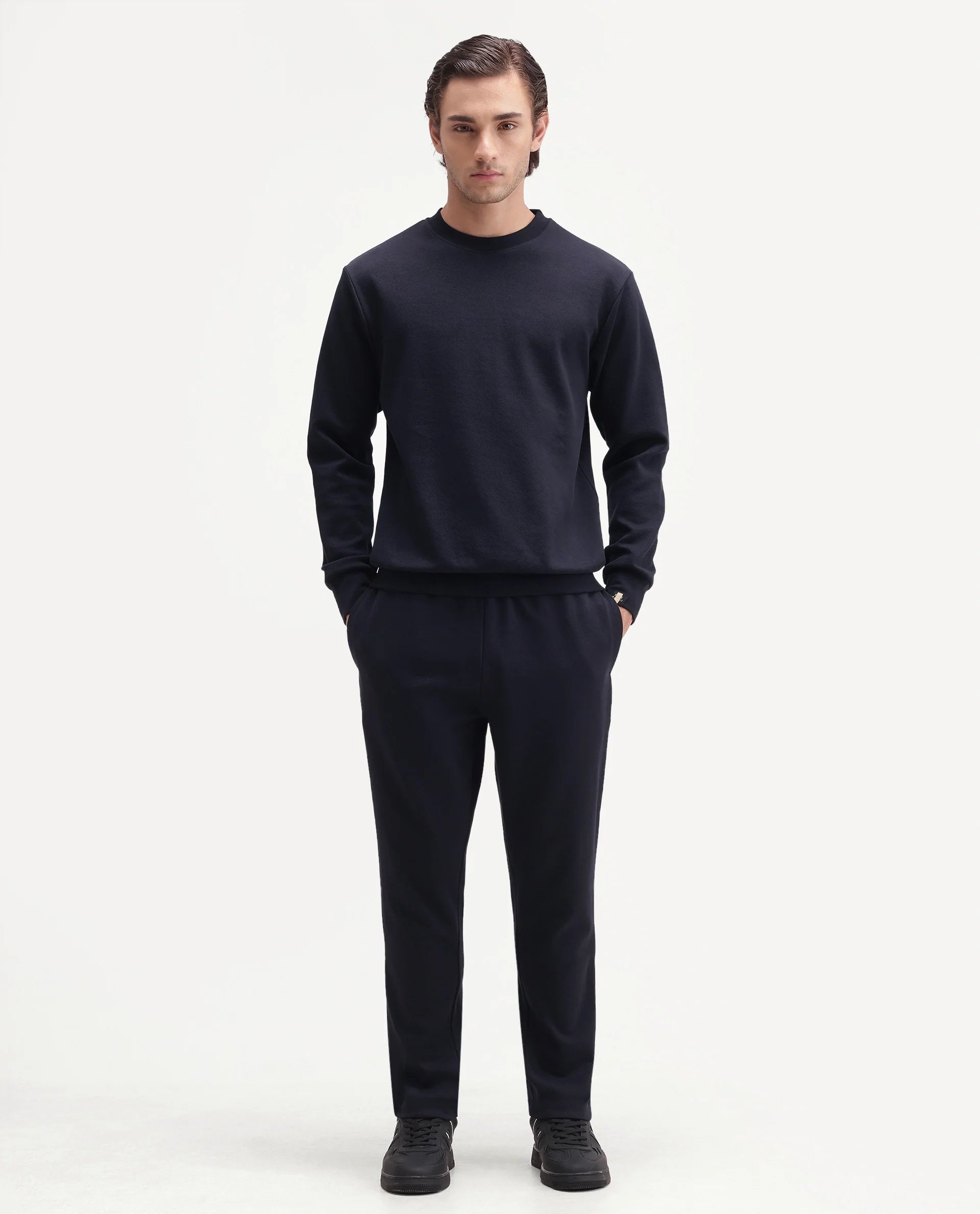 Rare Rabbit Men's Rr-Corp-Harry-T Navy Cotton Blend  Regular Plain Track Pant