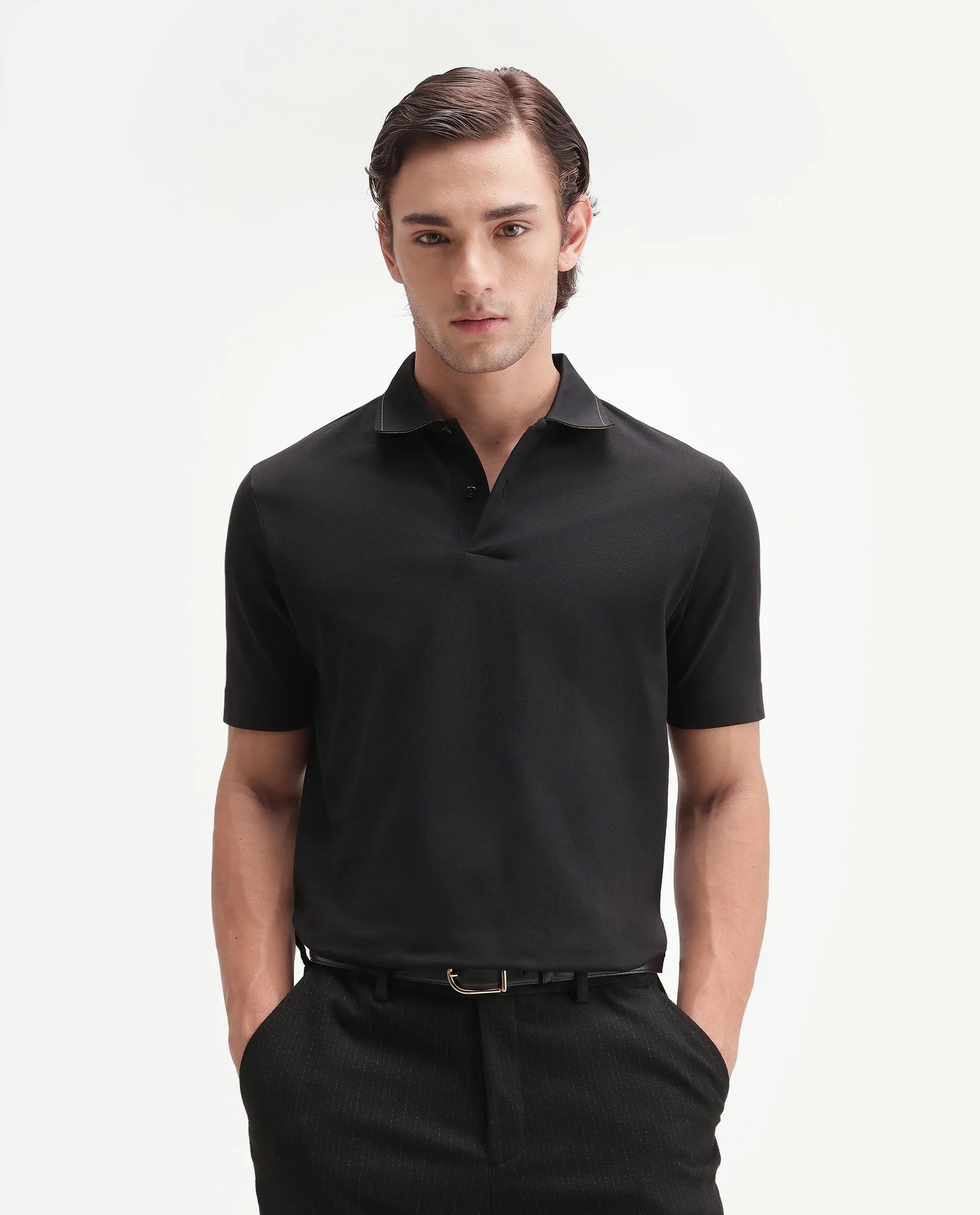 Rare Rabbit Men's Basic Rr-Corp-Tanq Black Cotton Blend Spread Collar Regular Plain Polo
