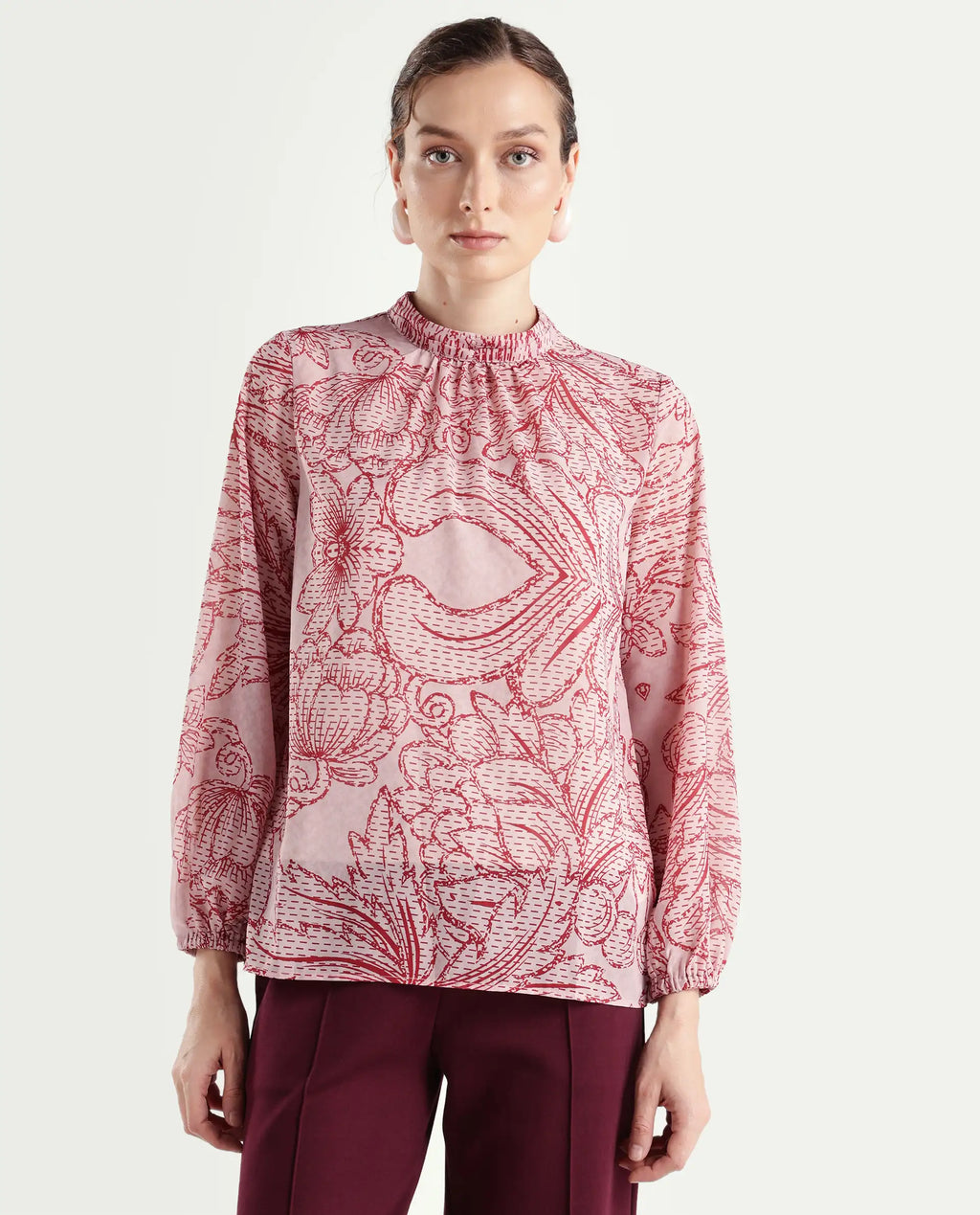 Rareism Women's Massy Multi Cotton Blend High Neck Abstract Print Bishop Sleeve Regular Fit Top
