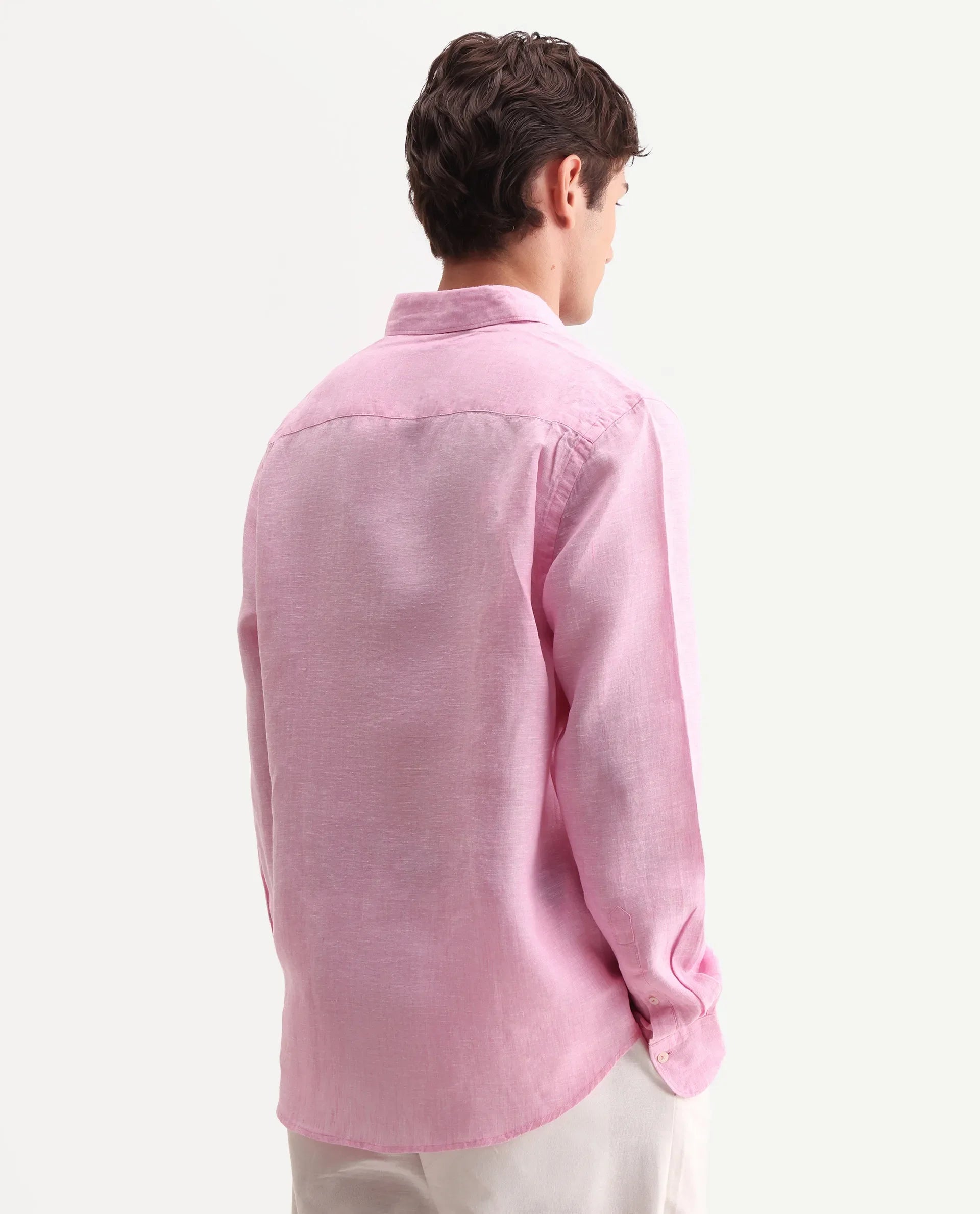 Rare Rabbit Men's Lucis Pink 100% Linen Plain Regular Fit Full Sleeve Collared Shirt