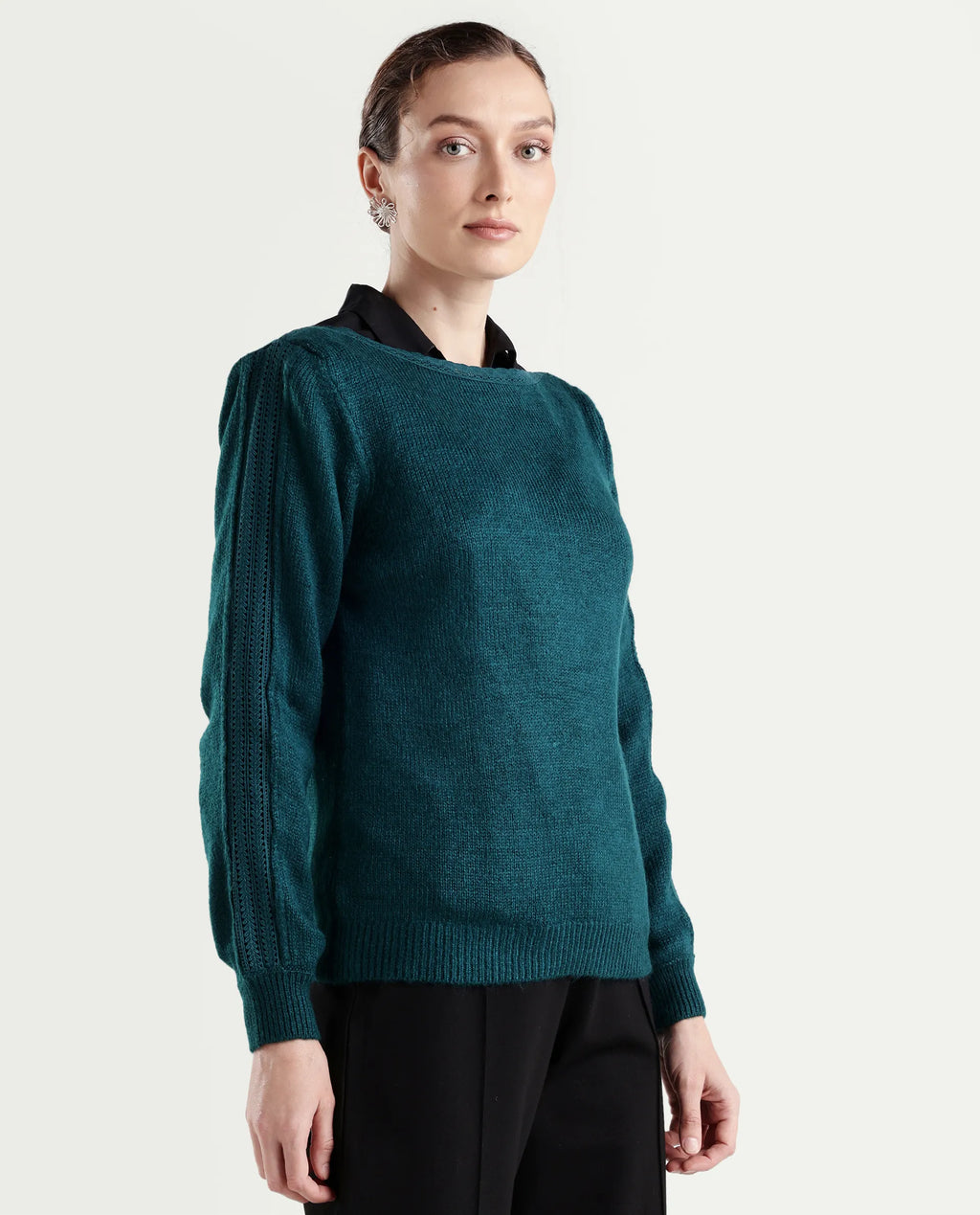 Rareism Women's Zula Dark Teal Acrylic Blend Boat Neck Relaxed Fit Plain Sweater