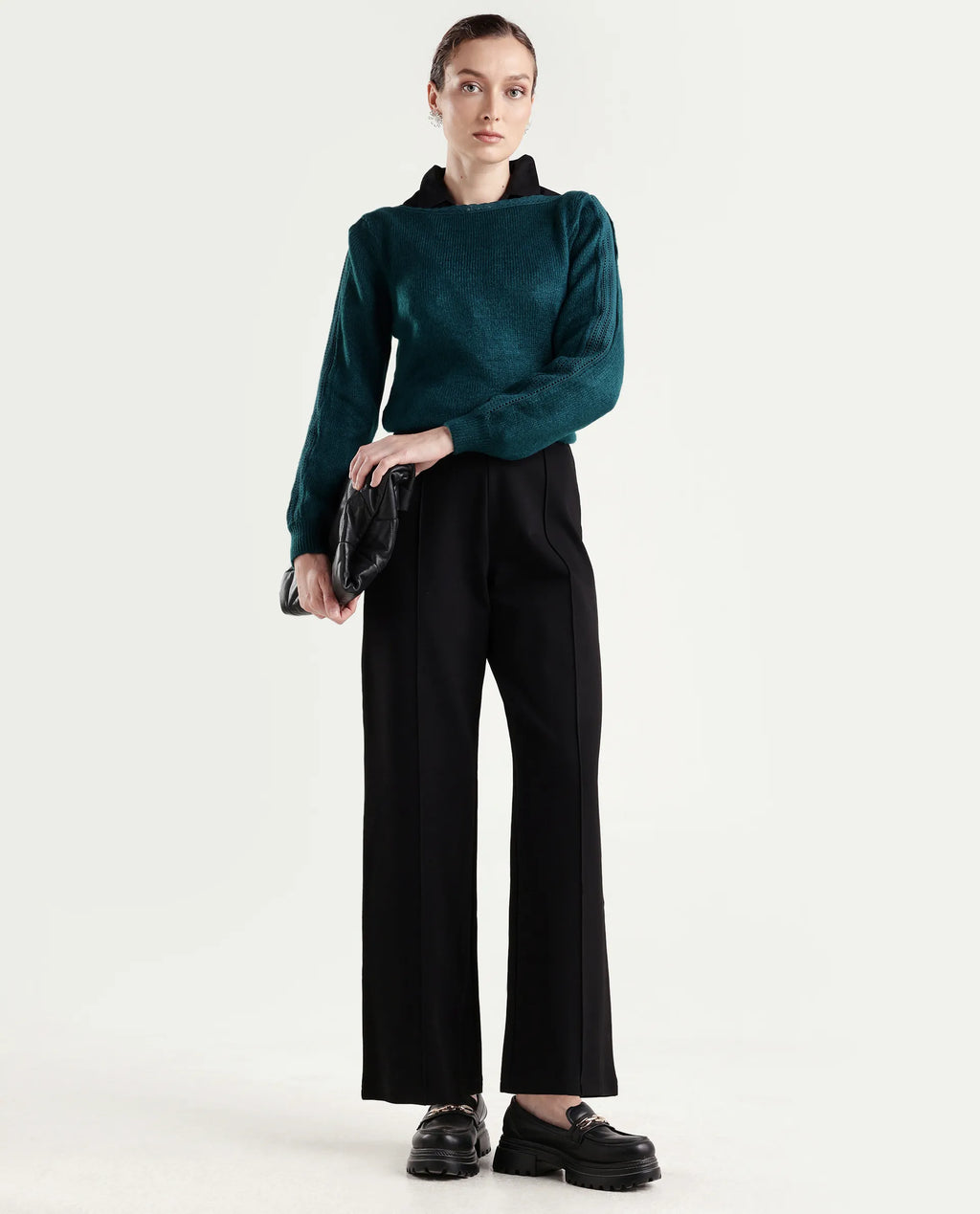 Rareism Women's Zula Dark Teal Acrylic Blend Boat Neck Relaxed Fit Plain Sweater