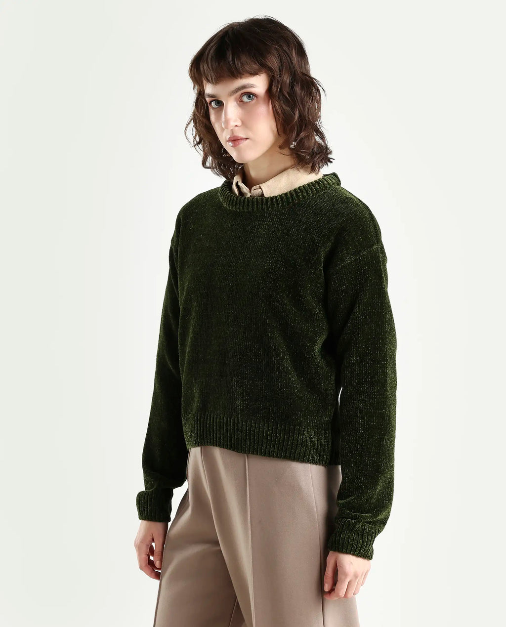 Rareism Women's Tosta Dark Olive Acrylic Crew Neck Relaxed Fit Plain Sweater