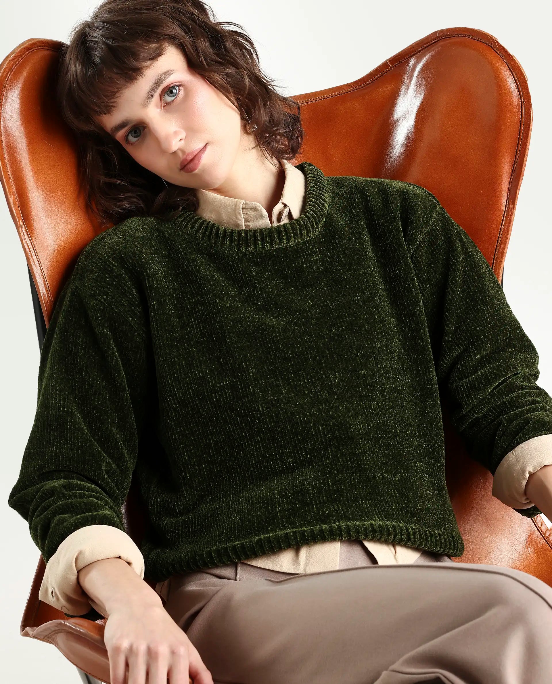 Rareism Women's Tosta Dark Olive Acrylic Crew Neck Relaxed Fit Plain Sweater