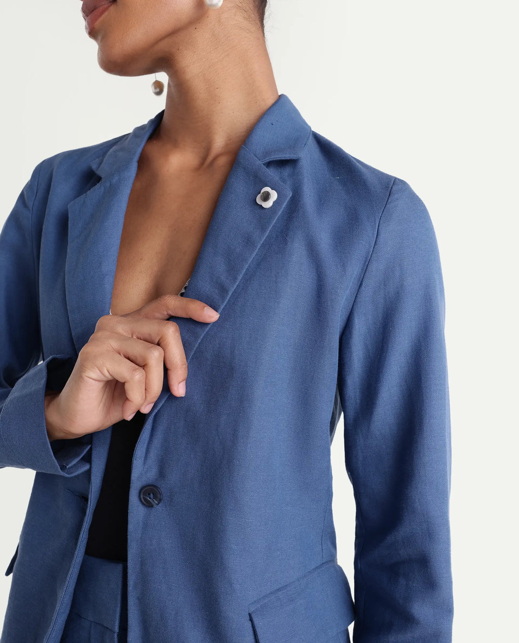 Rareism Women's Linzy-T Blue 100% Linen Full Sleeve Lapel Neck Regular Plain Blazer