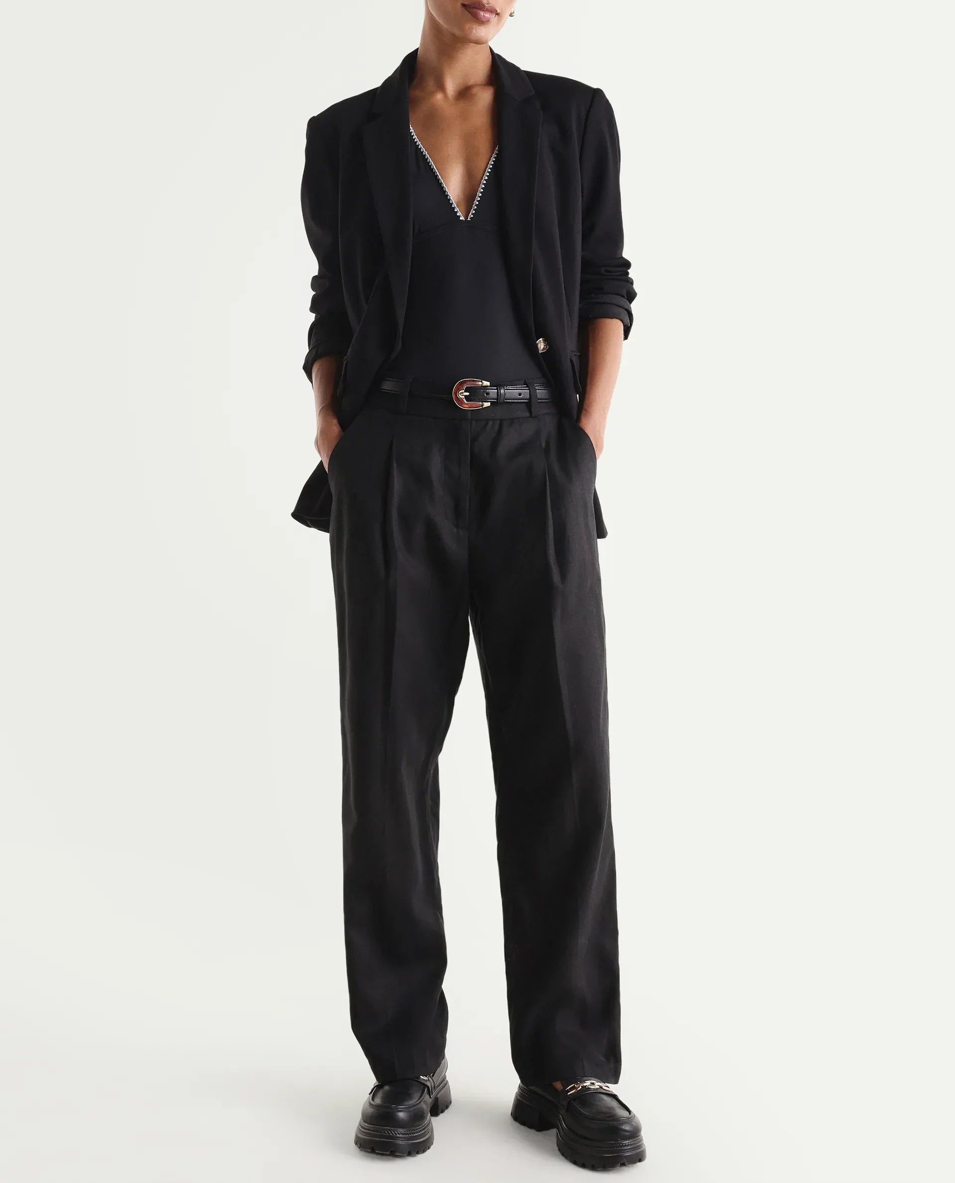 Rareism Women's Linzy-B Black 100% Linen Straight Plain Trouser