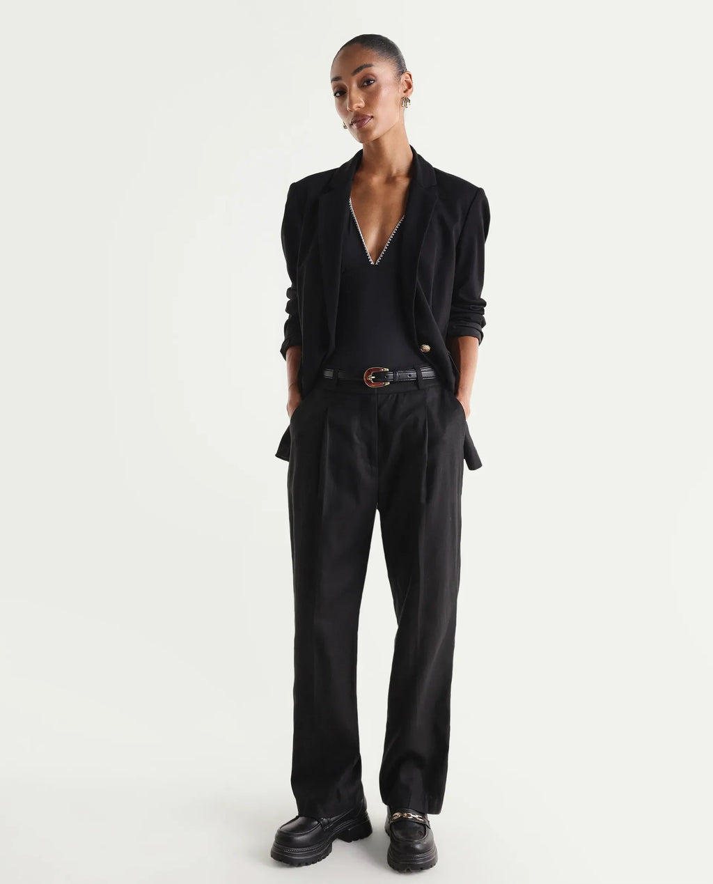 Rareism Women's Linzy-B Black 100% Linen Straight Plain Trouser