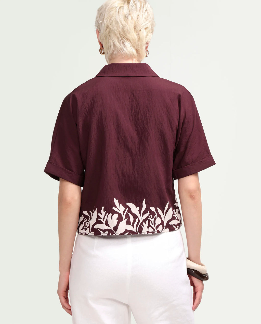 Rareism Women's Marlap Maroon Nylon Blend Half Sleeve Lapel Neck Regular Fit Abstract Print Top