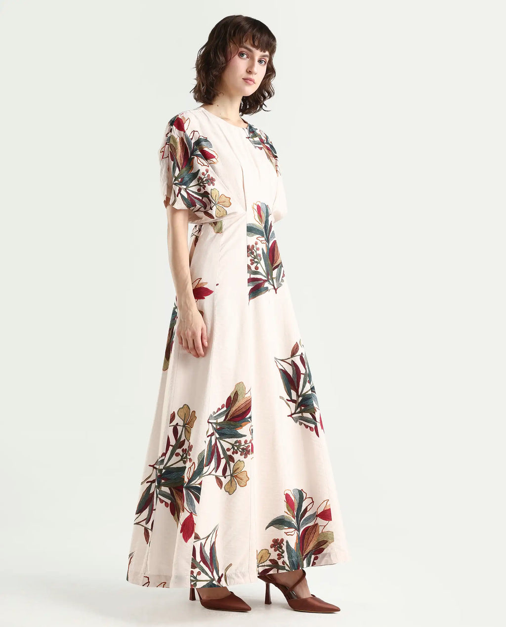 Rareism Women's Aronam Beige Viscose Blend Half Sleeve Crew Neck Flared Dress