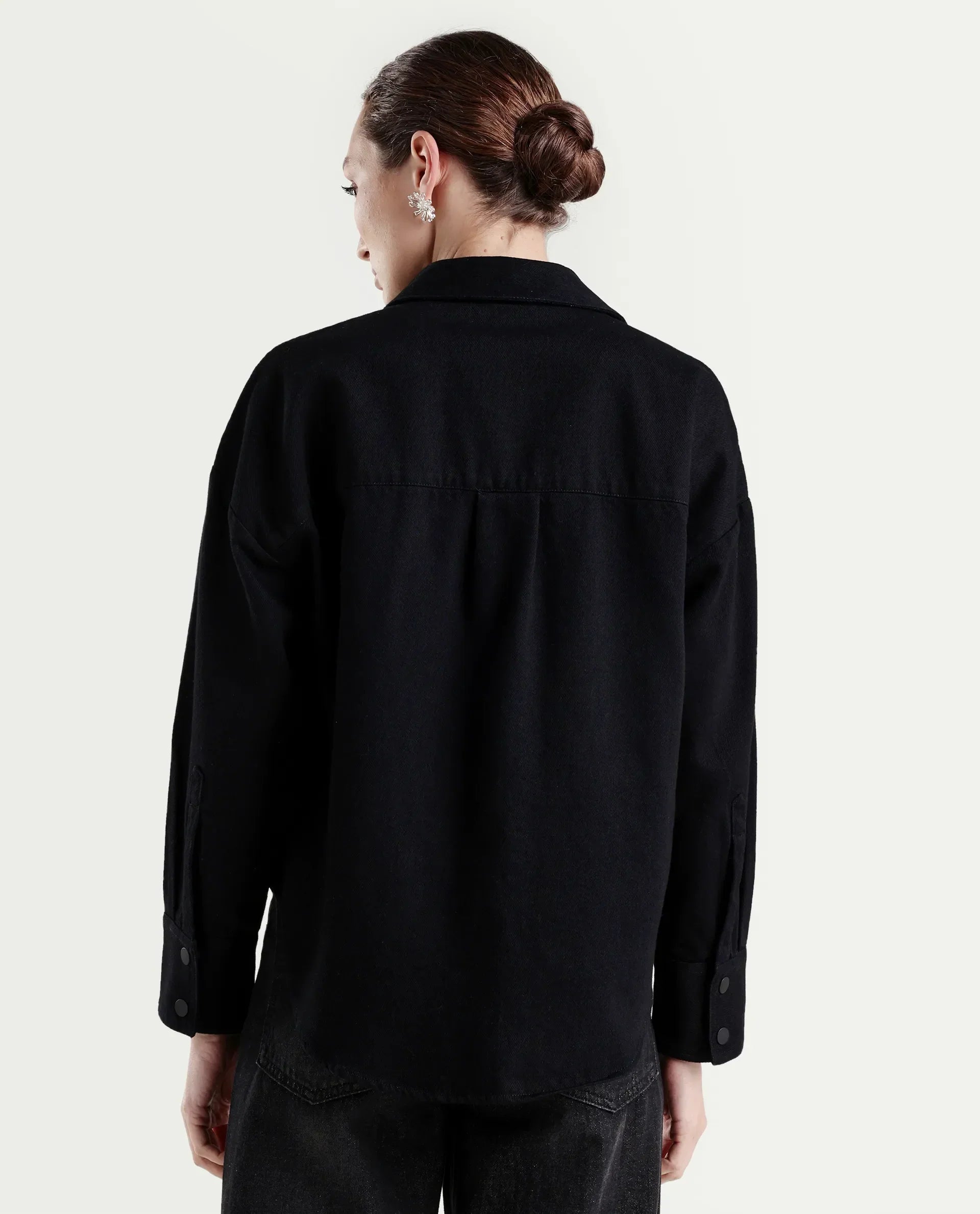 Rareism Women's Deniro Dark Blue Cotton Spread Collar Boxy Plain Shirt