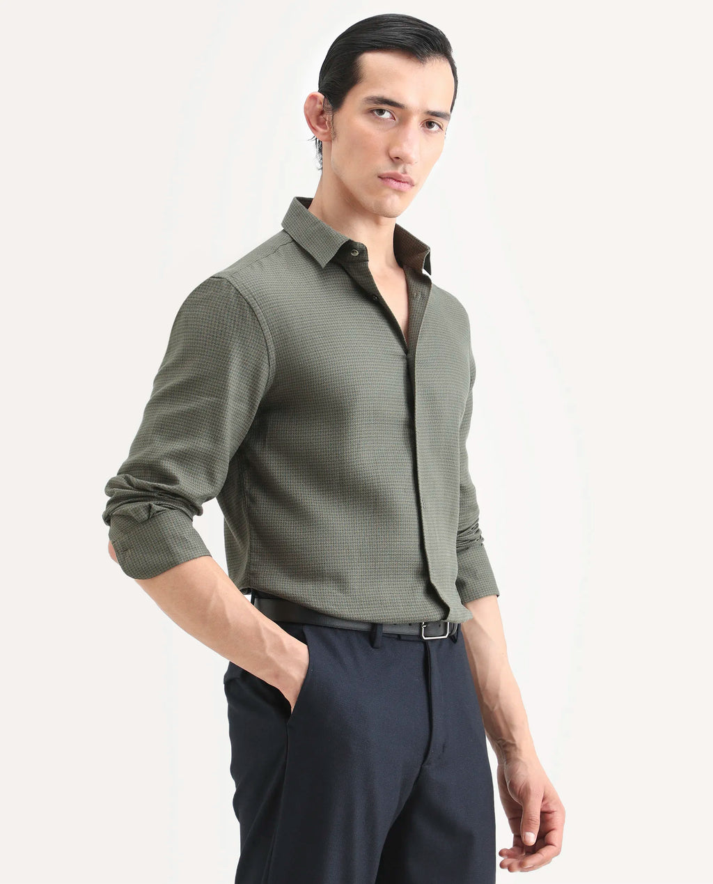 Rare Rabbit Men's Zail Green Cotton Fabric Spread Collar Regular Fit Textured Shirt