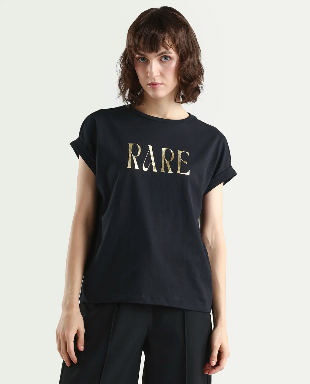 Rareism Women's Bhars Black Viscose Blend Crew Neck Regular Fit Typography Print T-Shirt