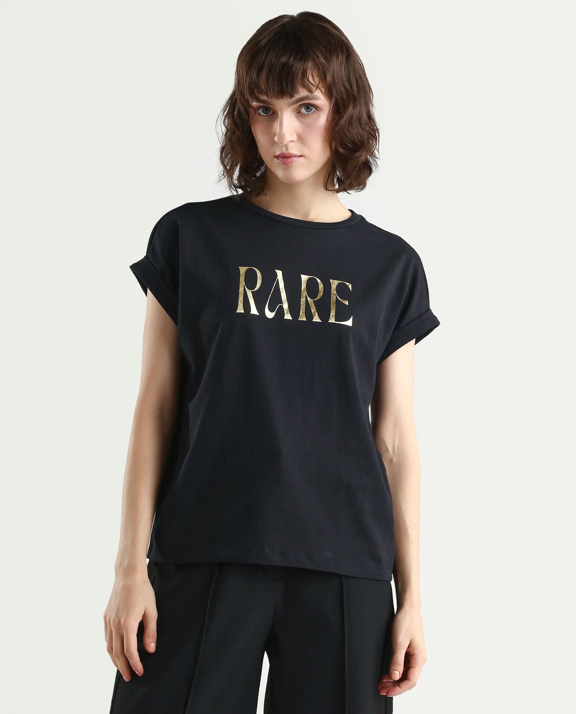 Rareism Women's Bhars Black Viscose Blend Crew Neck Regular Fit Typography Print T-Shirt