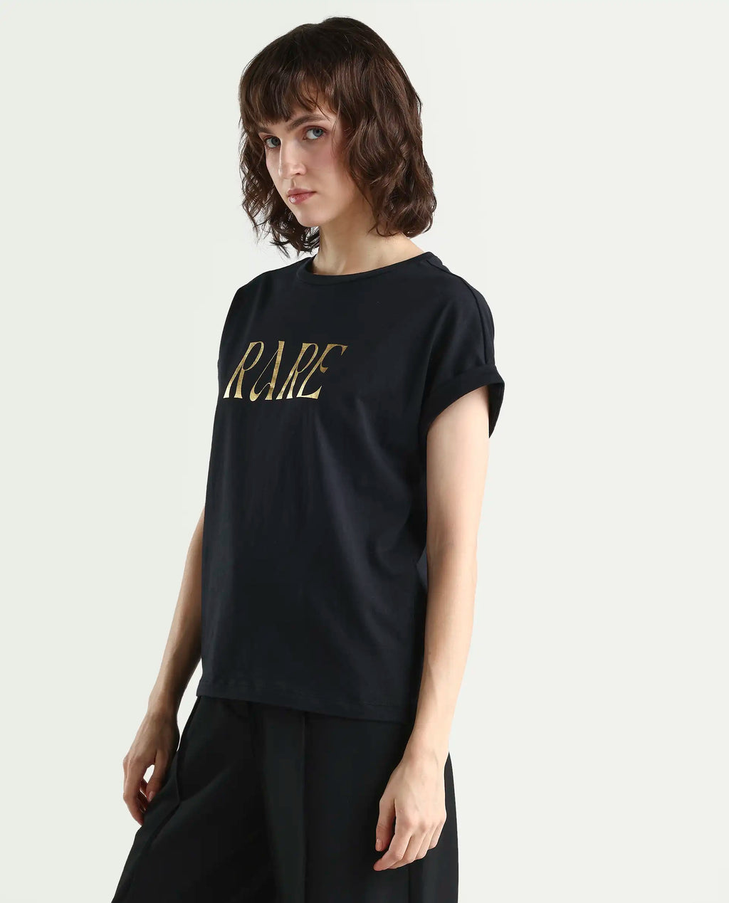 Rareism Women's Bhars Black Viscose Blend Crew Neck Regular Fit Typography Print T-Shirt