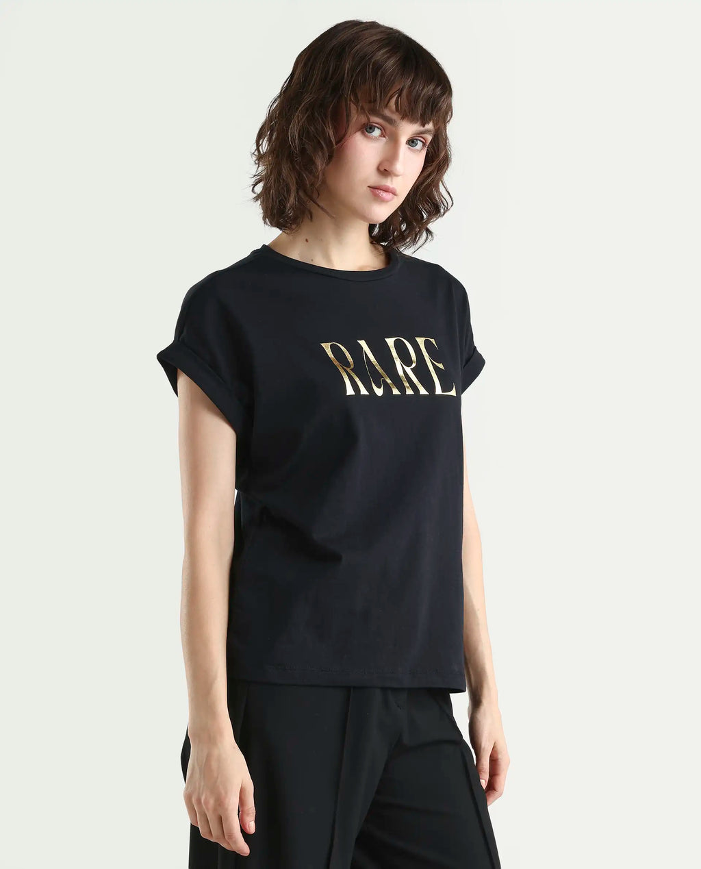 Rareism Women's Bhars Black Viscose Blend Crew Neck Regular Fit Typography Print T-Shirt