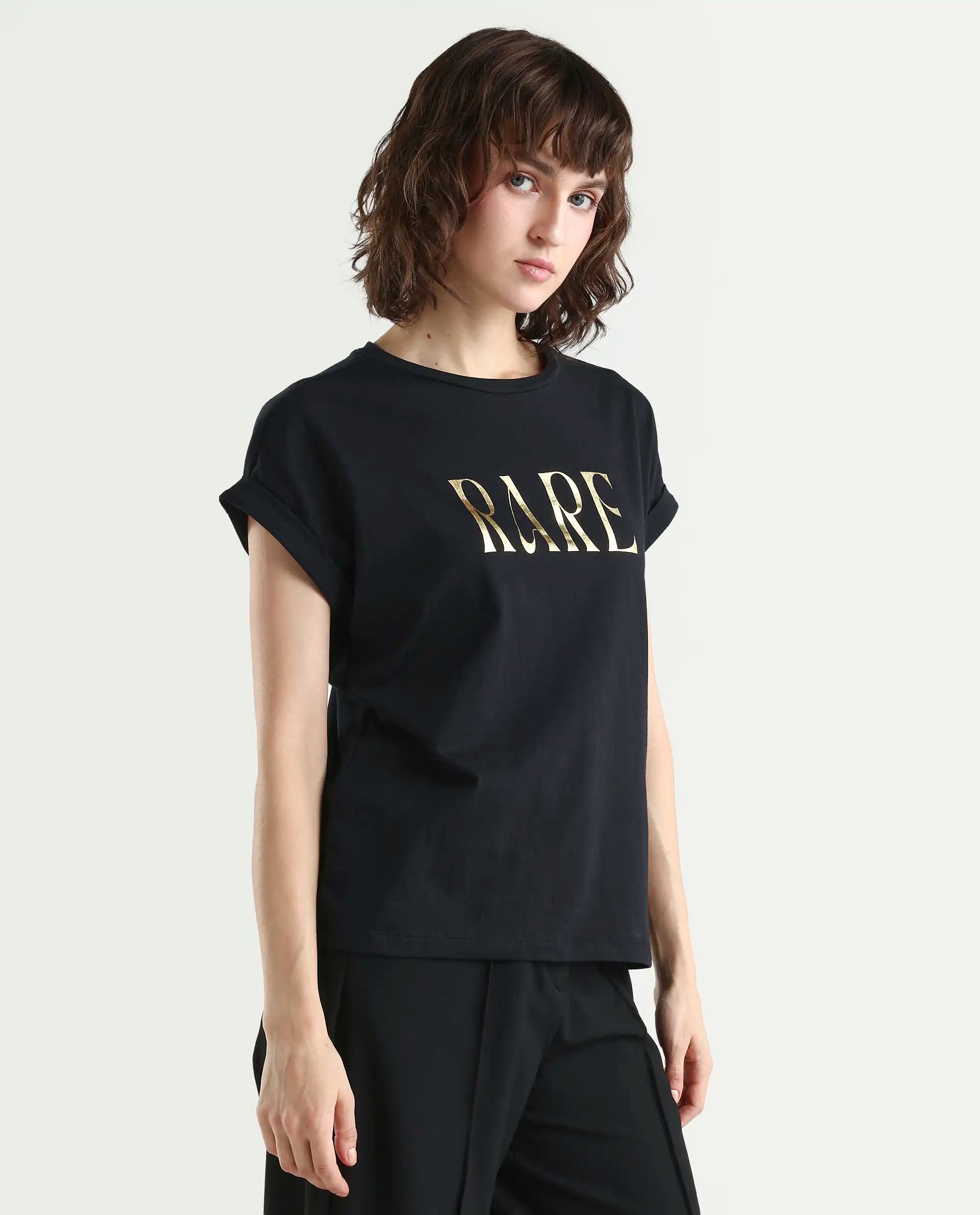 Rareism Women's Bhars Black Viscose Blend Crew Neck Regular Fit Typography Print T-Shirt