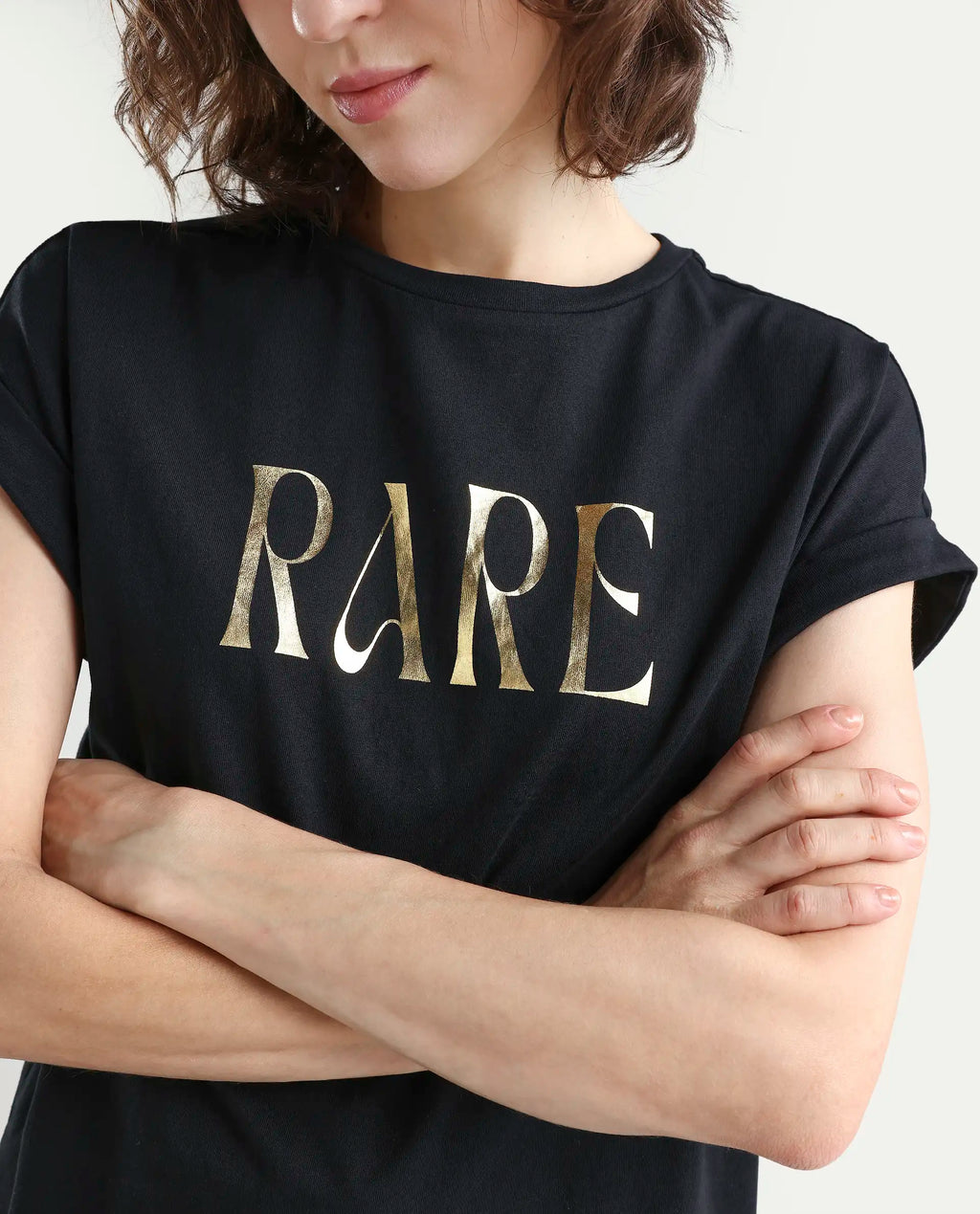 Rareism Women's Bhars Black Viscose Blend Crew Neck Regular Fit Typography Print T-Shirt