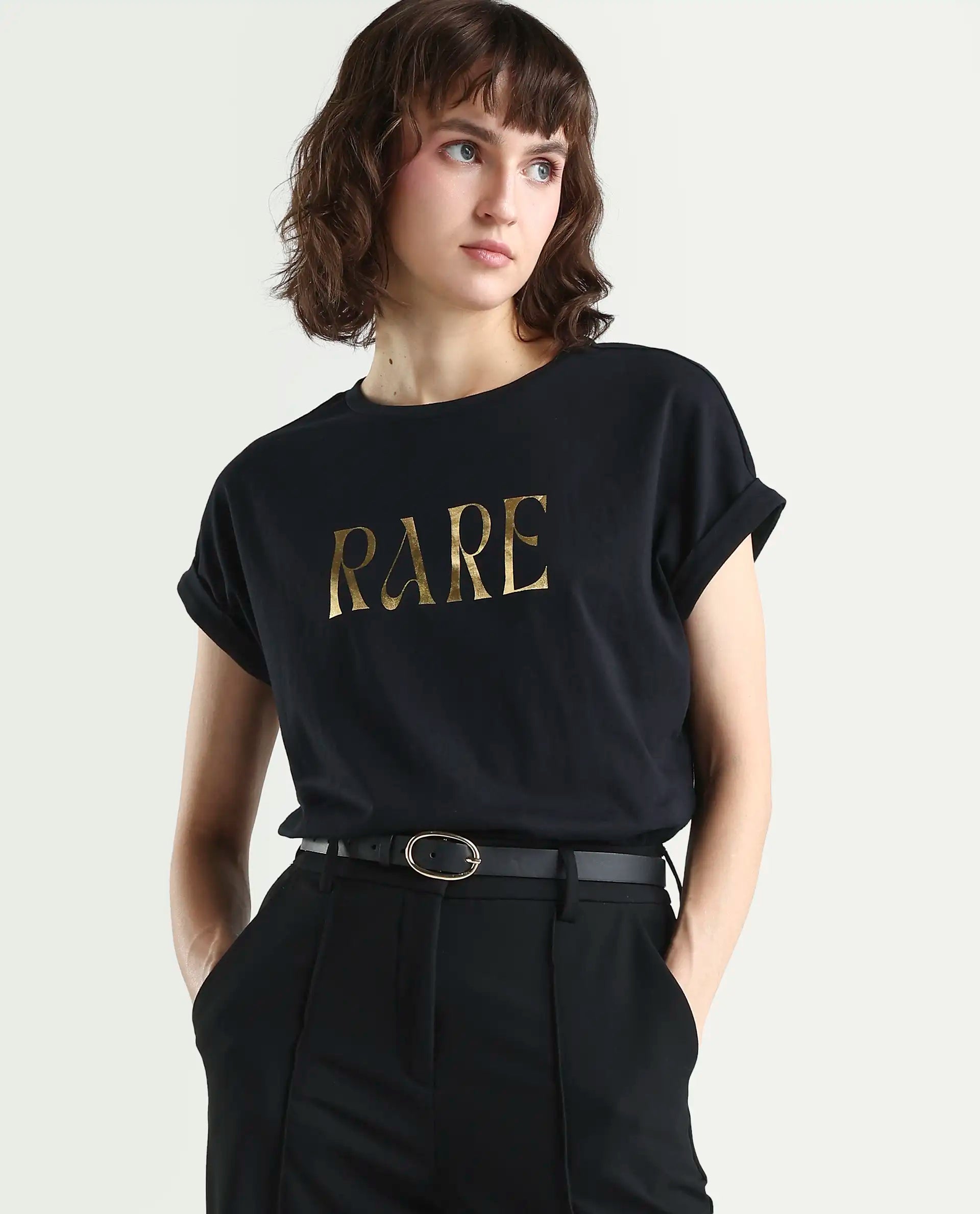 Rareism Women's Bhars Black Viscose Blend Crew Neck Regular Fit Typography Print T-Shirt