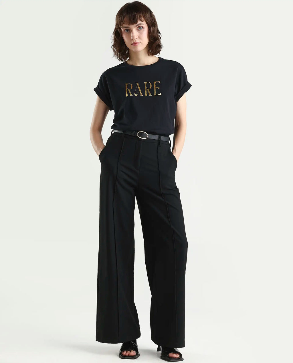 Rareism Women's Bhars Black Viscose Blend Crew Neck Regular Fit Typography Print T-Shirt
