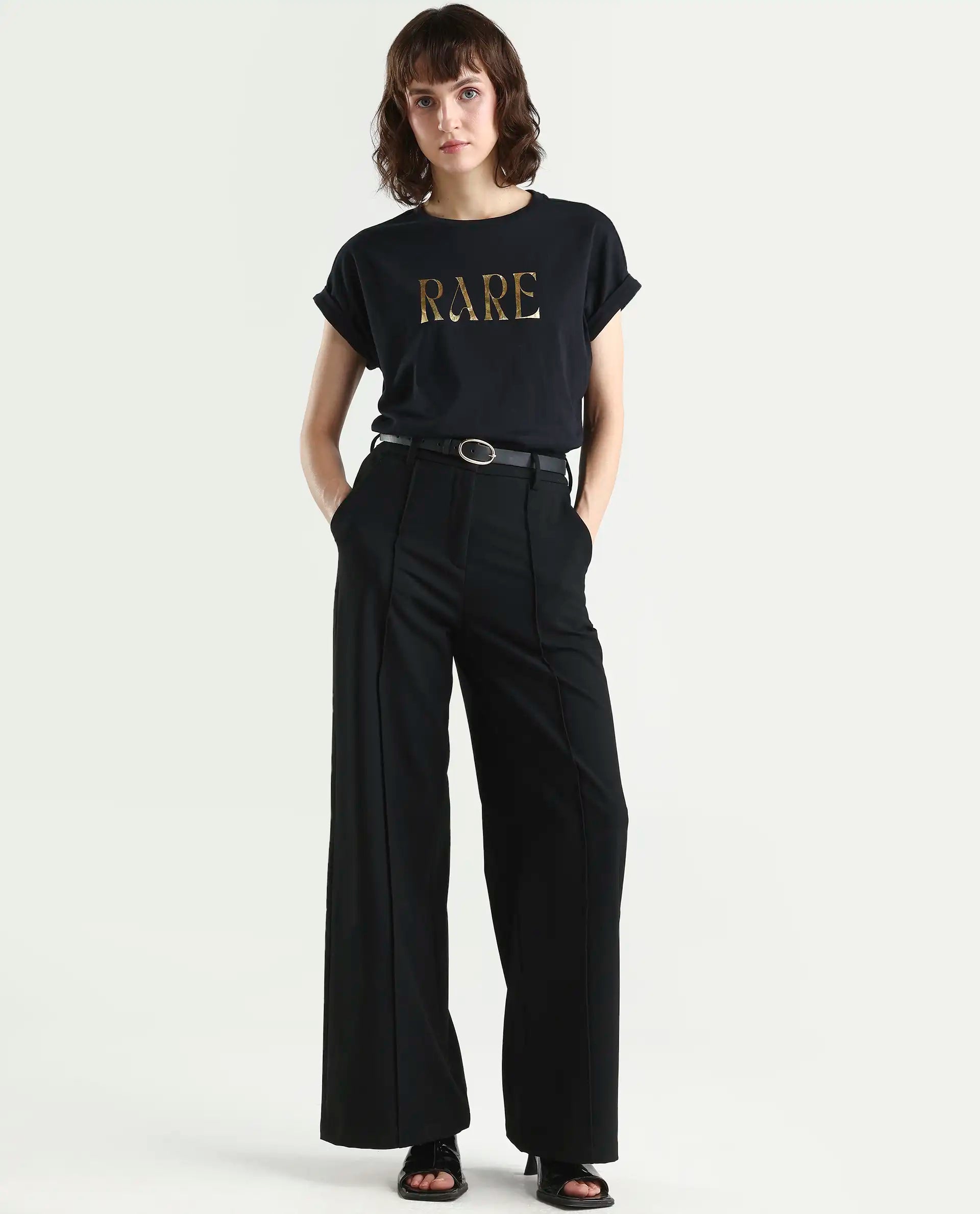 Rareism Women's Bhars Black Viscose Blend Crew Neck Regular Fit Typography Print T-Shirt