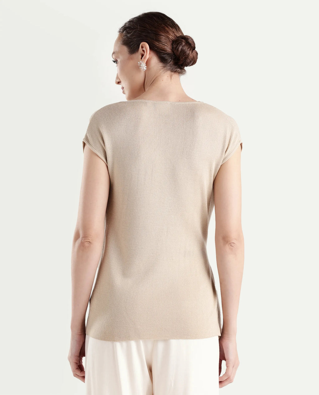 Rareism Women's Star Beige Viscose Blend Half Sleeve Cowl Neck Relaxed Fit Plain Top