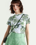 Rareism Women's Zrek Light Blue Cotton Blend Half Sleeve Regular Fit Floral Print T-Shirt