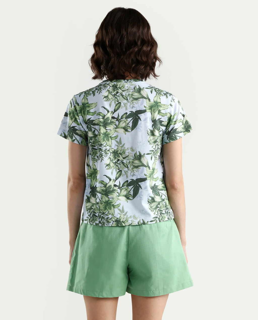 Rareism Women's Zrek Light Blue Cotton Blend Half Sleeve Regular Fit Floral Print T-Shirt