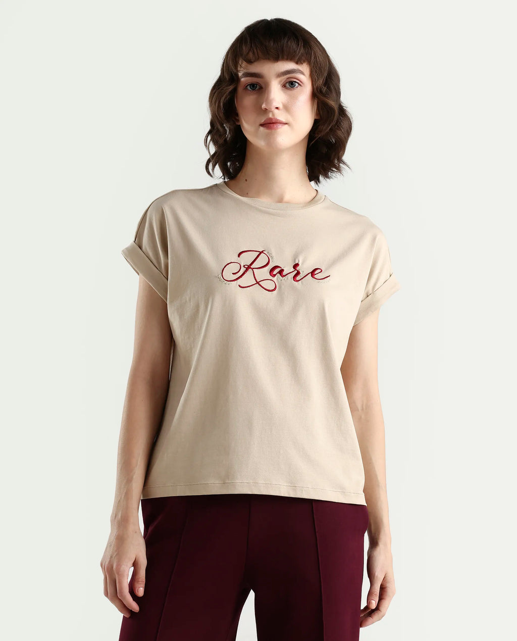 Rareism Women's Zaph Beige Cotton Blend Half Sleeve Relaxed Fit Plain T-Shirt