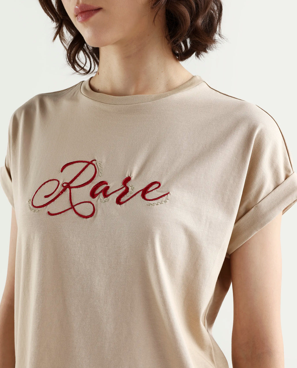 Rareism Women's Zaph Beige Cotton Blend Half Sleeve Relaxed Fit Plain T-Shirt