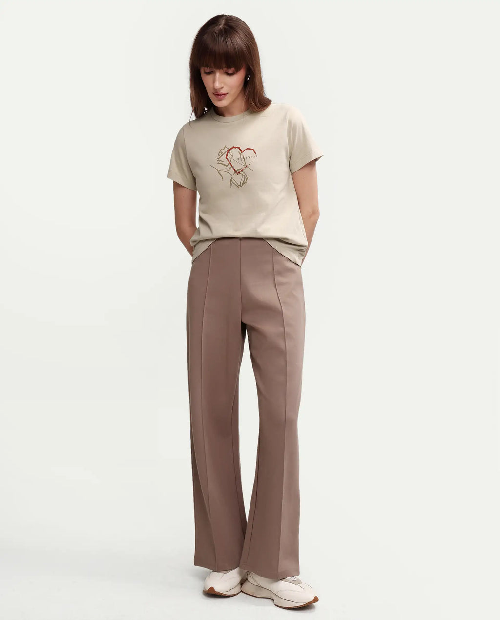 Rareism Women's Zavis Beige Cotton Half Sleeve Regular Fit Plain T-Shirt