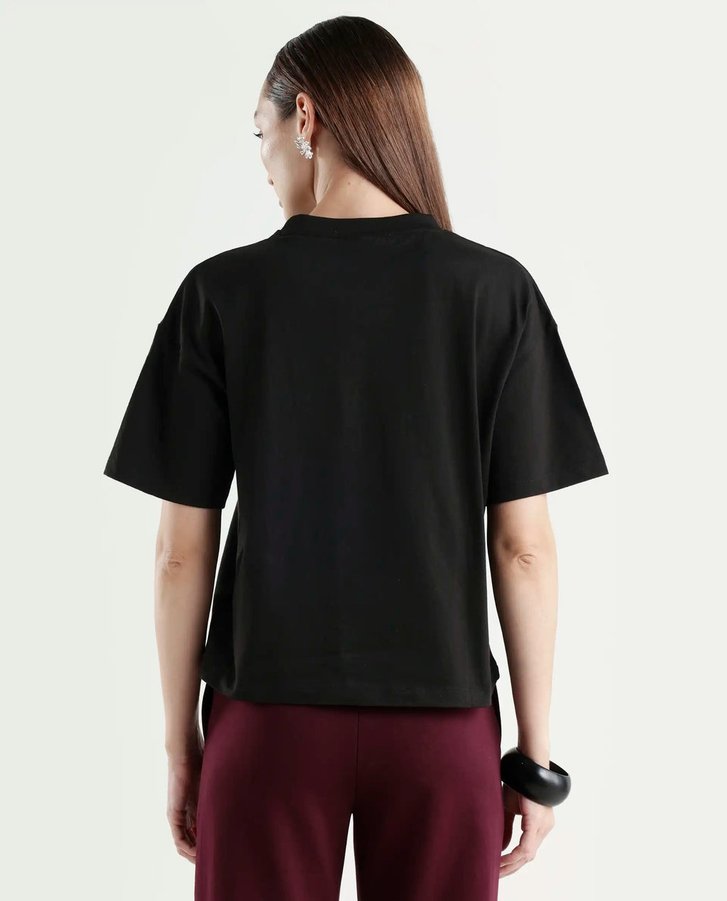Rareism Women's Zovi Black Cotton Half Sleeve Boxy Object Print T-Shirt