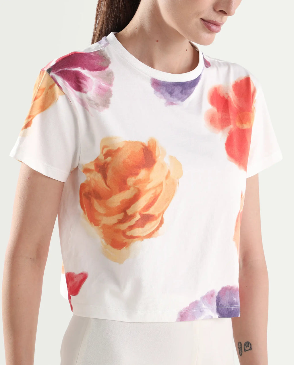 Rareism Women's Zero Multi Cotton Blend Half Sleeve Relaxed Fit Floral Print T-Shirt
